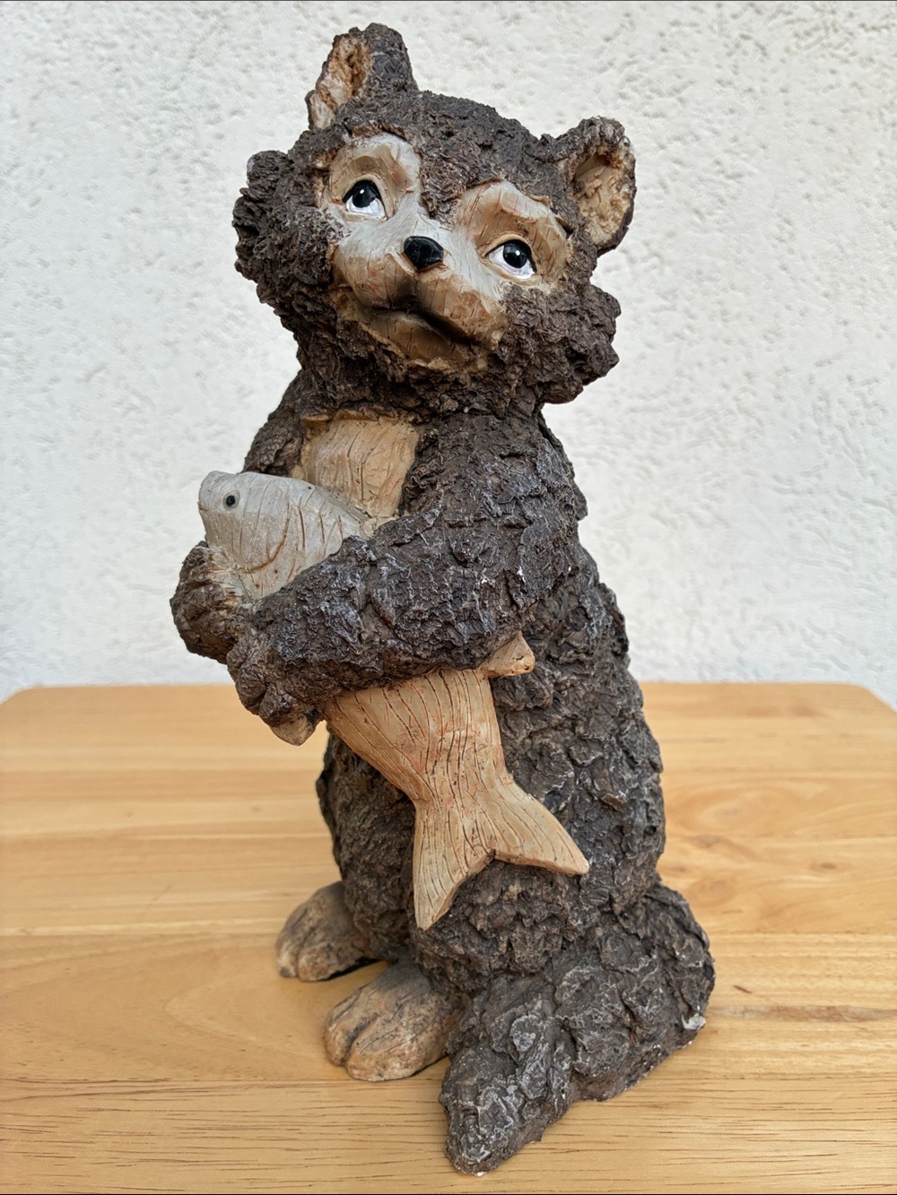 Bear Figurine Holding Fish - Brown and Tan Resin Statue. (But with a tail?)